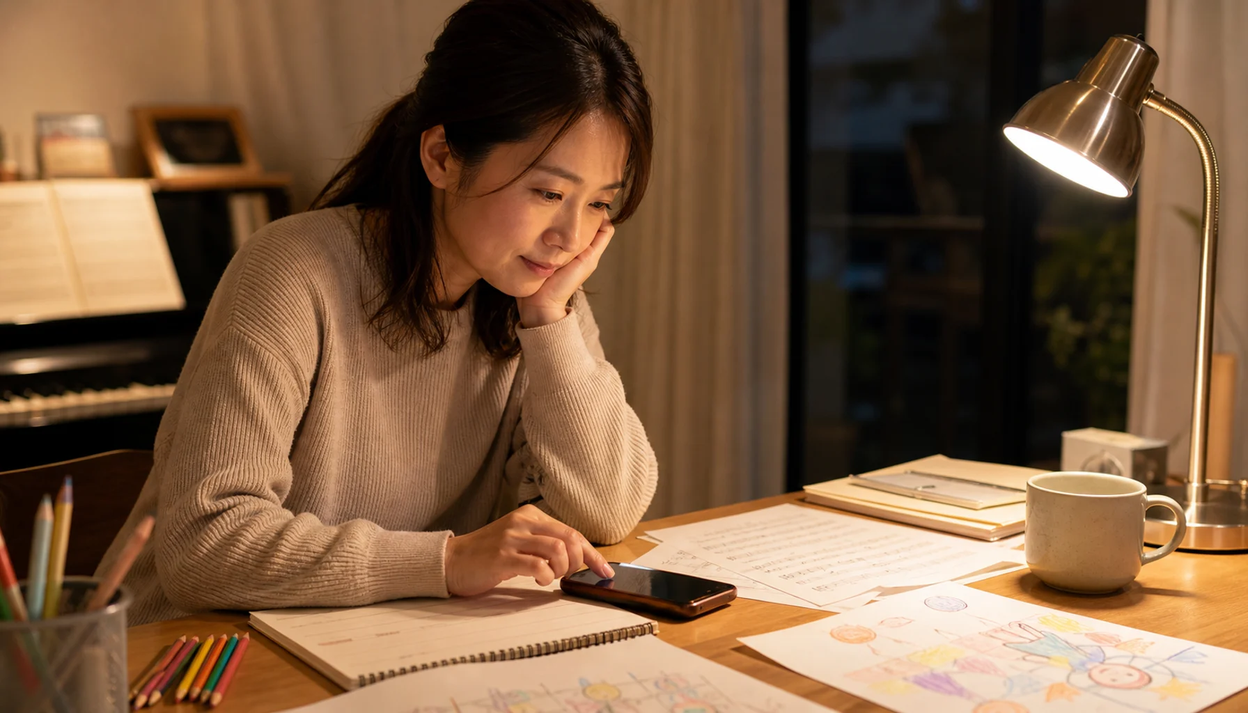夜の教室で教材とスマートフォンを前に生徒募集の投稿を考える講師