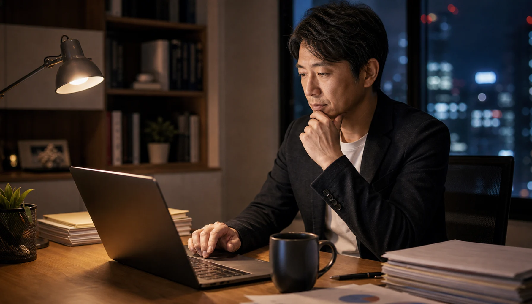 夜の事務所でノートパソコンを前に専門家としての発信を考える日本人ビジネスパーソン