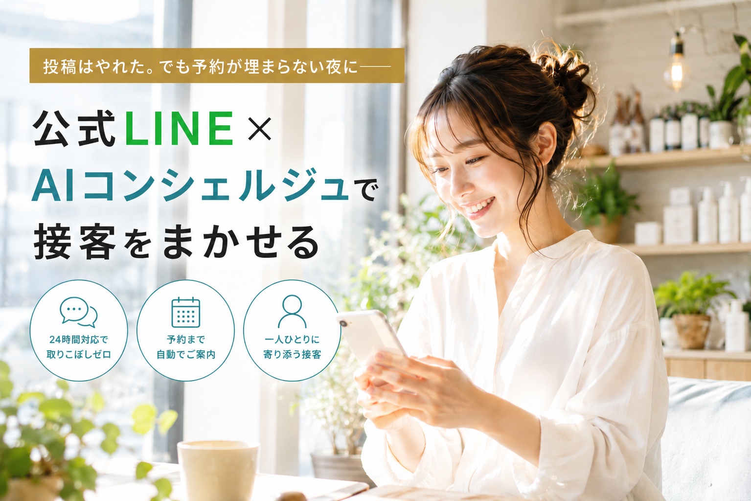 公式LINE × AIコンシェルジュで接客を任せるイメージ。24時間対応で取りこぼしゼロ、予約まで自動でご案内、一人ひとりに寄り添う接客の3つのポイントを示したビジュアル