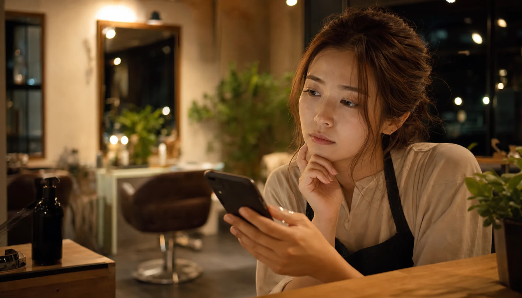 閉店後のサロンでスマートフォンを見ながら投稿内容を考える女性オーナー